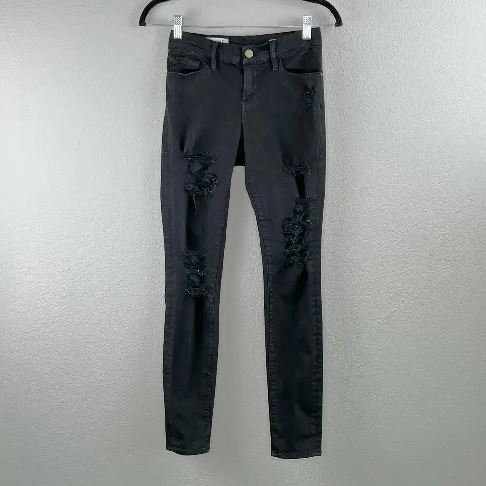 Frame Le Skinny de Jeanne Black Distressed Low Rise Denim Jeans 24